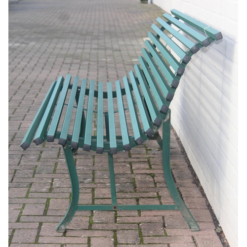 303 - Green painted metal bench with matching side table, approx 201cm W x 70cm D x 82cm H