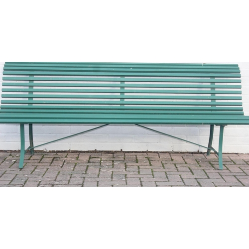 303 - Green painted metal bench with matching side table, approx 201cm W x 70cm D x 82cm H