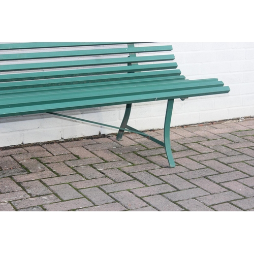 303 - Green painted metal bench with matching side table, approx 201cm W x 70cm D x 82cm H