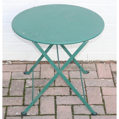 303 - Green painted metal bench with matching side table, approx 201cm W x 70cm D x 82cm H