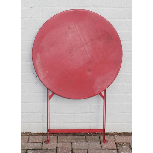 304 - Red painted metal bench with matching side table, approx 150cm W x 68cm D x 80cm H