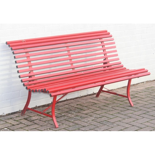 304 - Red painted metal bench with matching side table, approx 150cm W x 68cm D x 80cm H