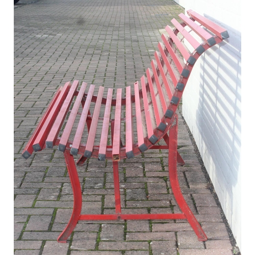 304 - Red painted metal bench with matching side table, approx 150cm W x 68cm D x 80cm H