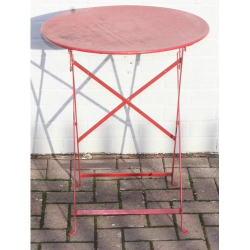 304 - Red painted metal bench with matching side table, approx 150cm W x 68cm D x 80cm H