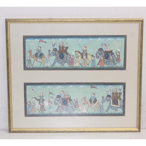 414 - 2 vintage Mughal style watercolours in frames, both depicting a Howdah elephant procession, the larg... 