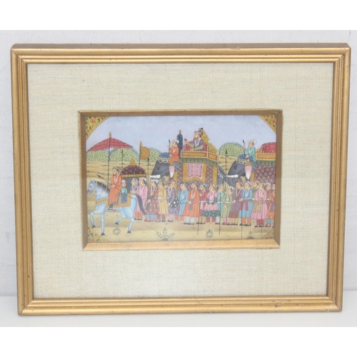 414 - 2 vintage Mughal style watercolours in frames, both depicting a Howdah elephant procession, the larg... 