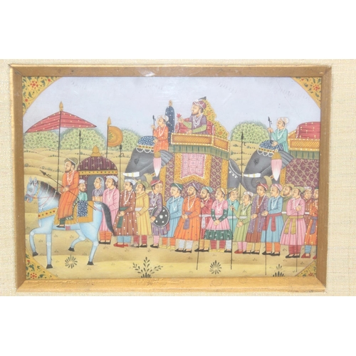 414 - 2 vintage Mughal style watercolours in frames, both depicting a Howdah elephant procession, the larg... 