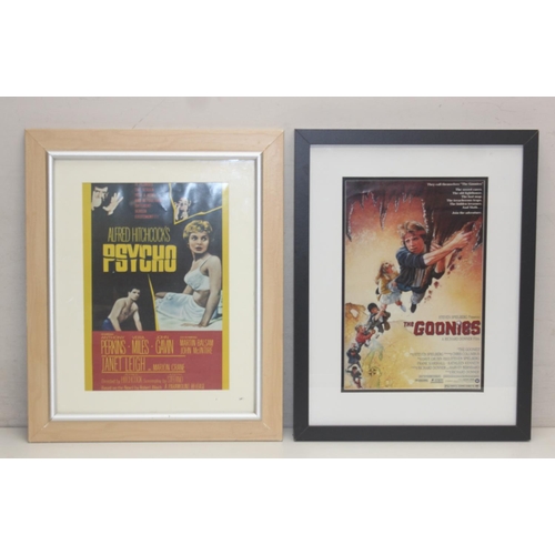 417 - 2 vintage style film posters to inc The Goonies & Psycho, both framed, the largest approx 43cm x 35c... 