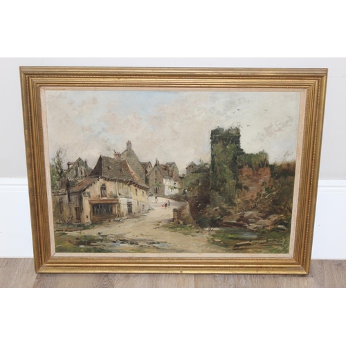 422 - Maurice Levis (French, 1860-1940), large gilt framed oil on canvas of a street scene with ruined cas... 