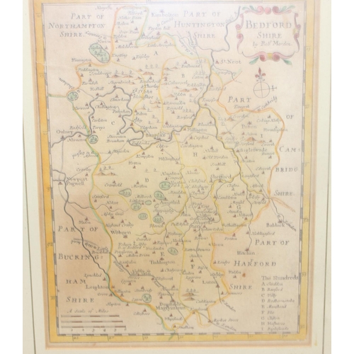 434 - An antique map of Bedfordshire with hand coloured details by Robert Morden, approx 27cm x 32cm