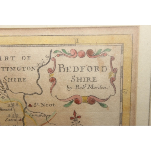 434 - An antique map of Bedfordshire with hand coloured details by Robert Morden, approx 27cm x 32cm