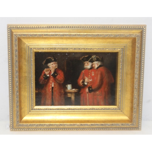 354 - Circle of Edward Richard White (British, XIX), antique oil on board of Chelsea Pensioners, unsigned,... 