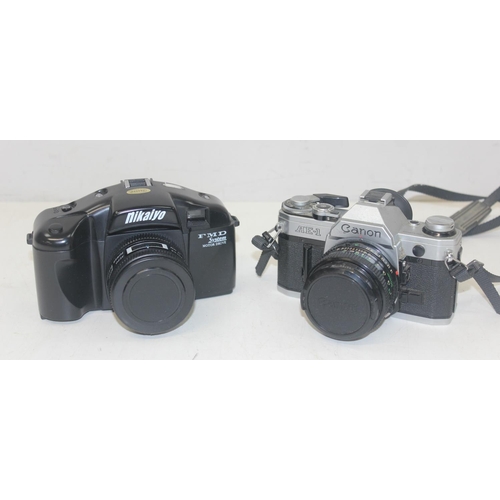 742 - Qty of assorted camera related items and cameras to inc Canon AE-1, Canon AF35M II, Olympus Tough, N... 