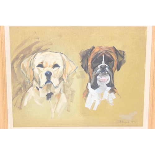 439 - Prue Angus (XX-XXI, Scottish), oil on canvas of a Labrador and Boxer dog, signed lower right and dat... 