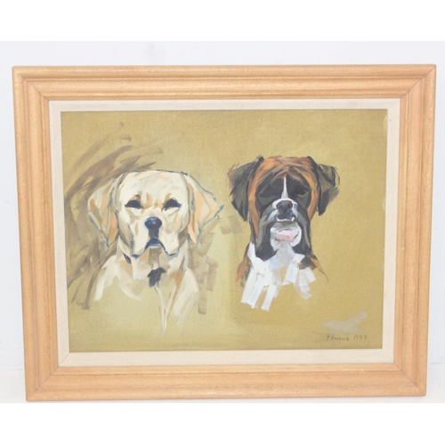 439 - Prue Angus (XX-XXI, Scottish), oil on canvas of a Labrador and Boxer dog, signed lower right and dat... 