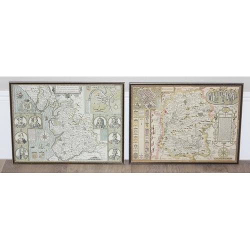 456 - 2 antique style maps after John Speed, Wiltshire and Lancashire, both in black and gilt frames, each... 