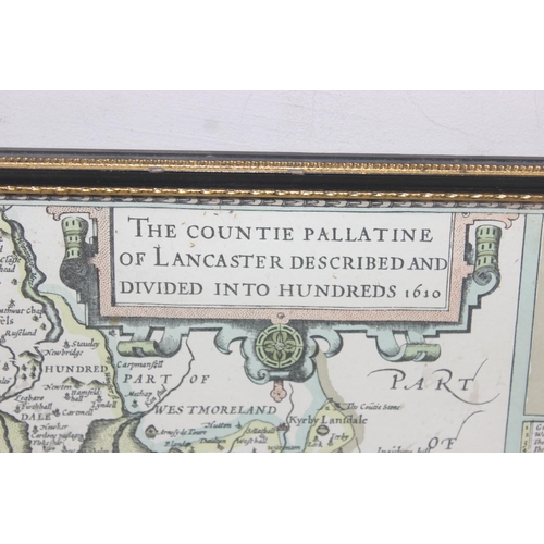 456 - 2 antique style maps after John Speed, Wiltshire and Lancashire, both in black and gilt frames, each... 