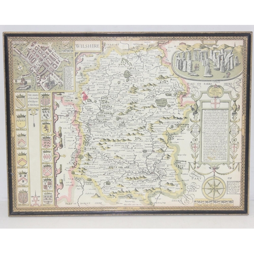 456 - 2 antique style maps after John Speed, Wiltshire and Lancashire, both in black and gilt frames, each... 