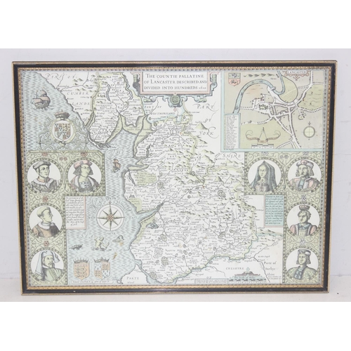 456 - 2 antique style maps after John Speed, Wiltshire and Lancashire, both in black and gilt frames, each... 