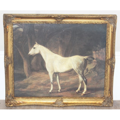 380 - An antique style picture of a white horse, textured print of an oil painting on board, in highly dec... 