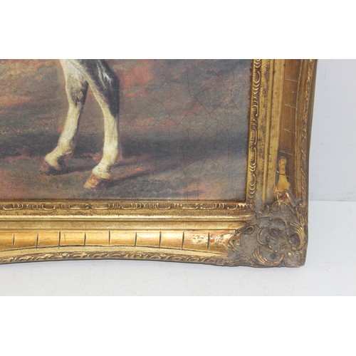 380 - An antique style picture of a white horse, textured print of an oil painting on board, in highly dec... 