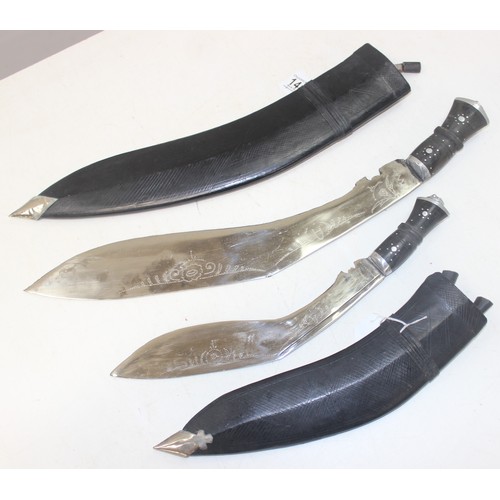 1412 - 2 vintage Kukri knives with leather covered sheaths, longest approx 59cm