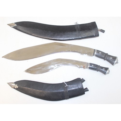 1412 - 2 vintage Kukri knives with leather covered sheaths, longest approx 59cm