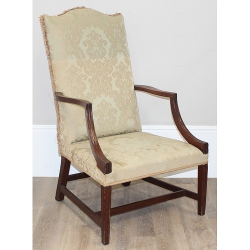 98 - A Georgian style open armchair with pale green patterned upholstery, approx 66cm wide x 110cm tall