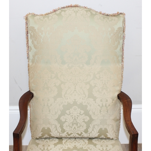 98 - A Georgian style open armchair with pale green patterned upholstery, approx 66cm wide x 110cm tall