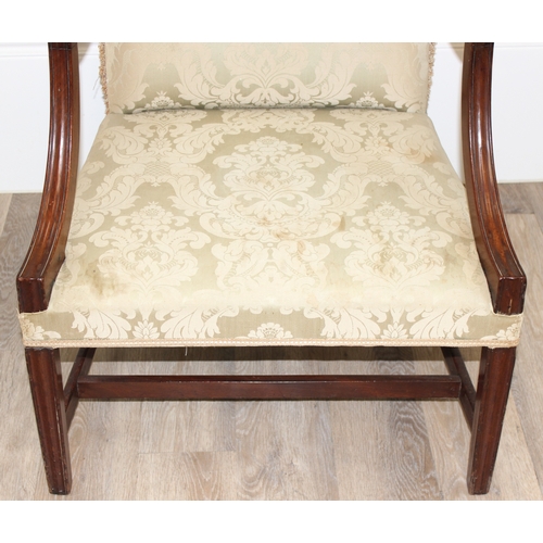 98 - A Georgian style open armchair with pale green patterned upholstery, approx 66cm wide x 110cm tall