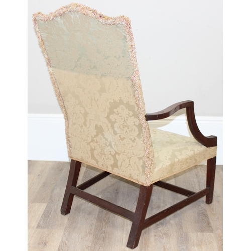 98 - A Georgian style open armchair with pale green patterned upholstery, approx 66cm wide x 110cm tall