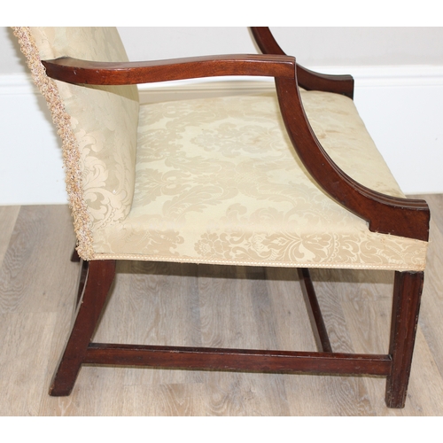 98 - A Georgian style open armchair with pale green patterned upholstery, approx 66cm wide x 110cm tall