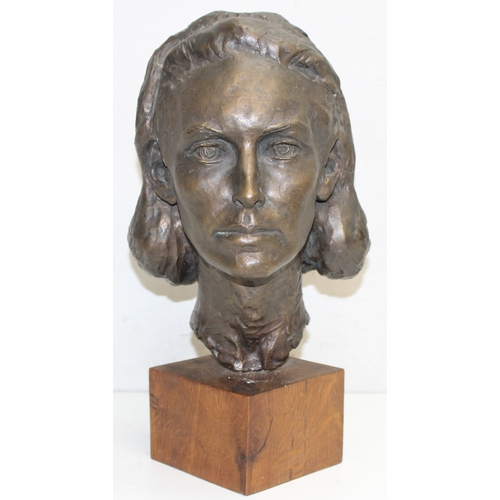 374 - A mid-century bronze bust or sculpture of a young Lady Newall, mounted on an oak base, seemingly uns... 