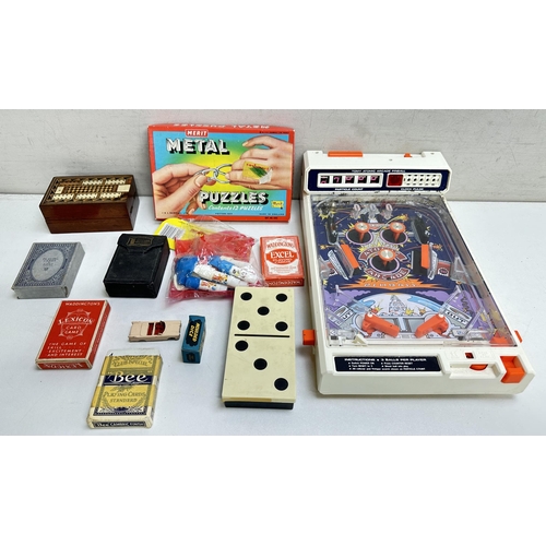 617 - Qty of assorted vintage toys and games to inc playing cards, pinball game etc