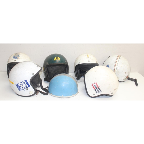 723 - 7 assorted vintage motor racing helmets to inc a Kangol Skidmaster, not for use, display only