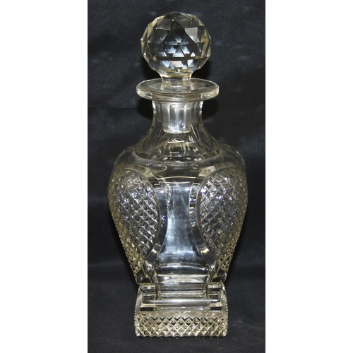 1407 - A pair of 19th century cut glass decanters of squared waisted form, seemingly unmarked, each approx ... 