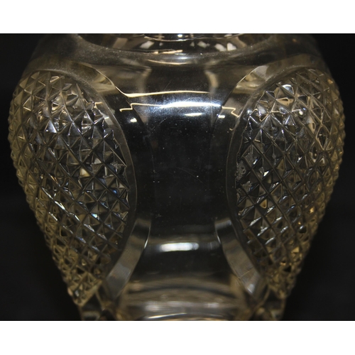 1407 - A pair of 19th century cut glass decanters of squared waisted form, seemingly unmarked, each approx ... 