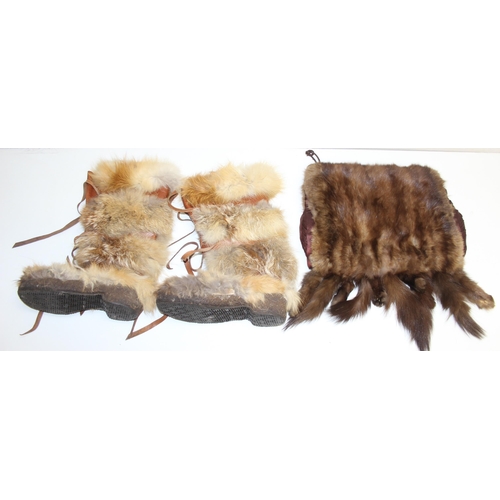 201 - A pair of vintage Inuit style leather and fur boots by Calidum of Italy, no size and a vintage fur m... 