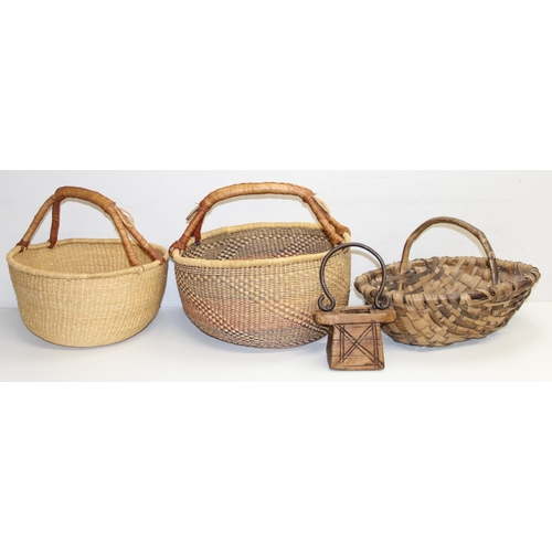 271 - 3 vintage woven and wicker baskets to inc 2 with leather covered handles, and a vintage wooden box w... 