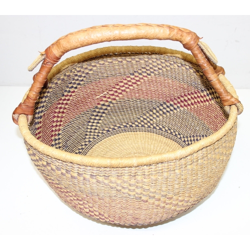 271 - 3 vintage woven and wicker baskets to inc 2 with leather covered handles, and a vintage wooden box w... 