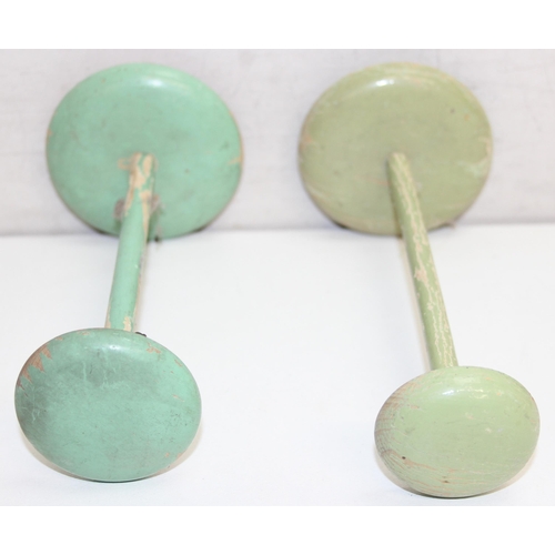 272 - 8 assorted vintage distressed painted wooden hat or wig stands, green painted finish, the largest ap... 