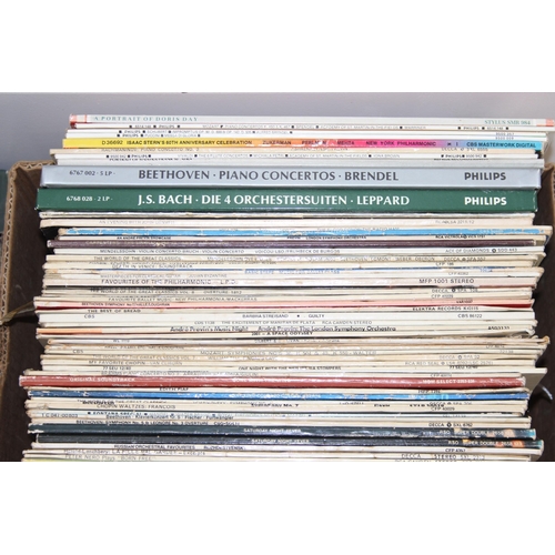 501 - A large qty of assorted vintage vinyl records, mainly LP and boxed sets, many hundred, (4 boxes)