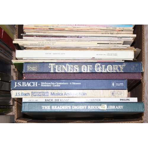 501 - A large qty of assorted vintage vinyl records, mainly LP and boxed sets, many hundred, (4 boxes)