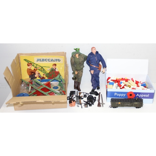 600 - Qty of assorted toys and games to inc vintage Action Man and accessories, Lego and Meccano etc