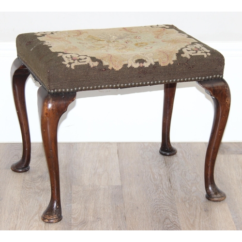 85 - An antique tapestry topped stool with mahogany cabriole legs, 19th century, approx 56cm wide x 43cm ... 