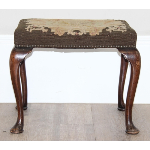 85 - An antique tapestry topped stool with mahogany cabriole legs, 19th century, approx 56cm wide x 43cm ... 