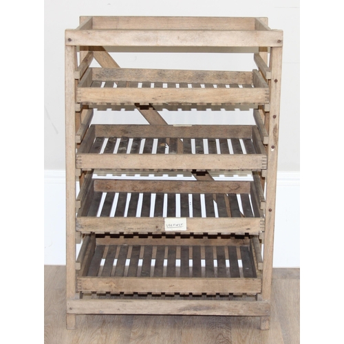 169 - A vintage slatted wooden apple storage rack with 4 shelves, approx 62cm wide x 50cm deep x 92cm tall