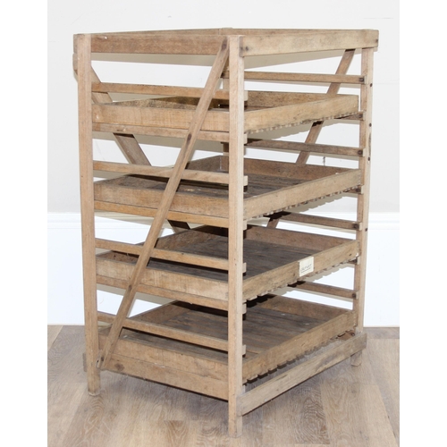 169 - A vintage slatted wooden apple storage rack with 4 shelves, approx 62cm wide x 50cm deep x 92cm tall