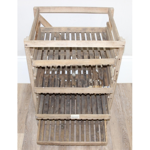 169 - A vintage slatted wooden apple storage rack with 4 shelves, approx 62cm wide x 50cm deep x 92cm tall