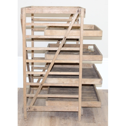 169 - A vintage slatted wooden apple storage rack with 4 shelves, approx 62cm wide x 50cm deep x 92cm tall